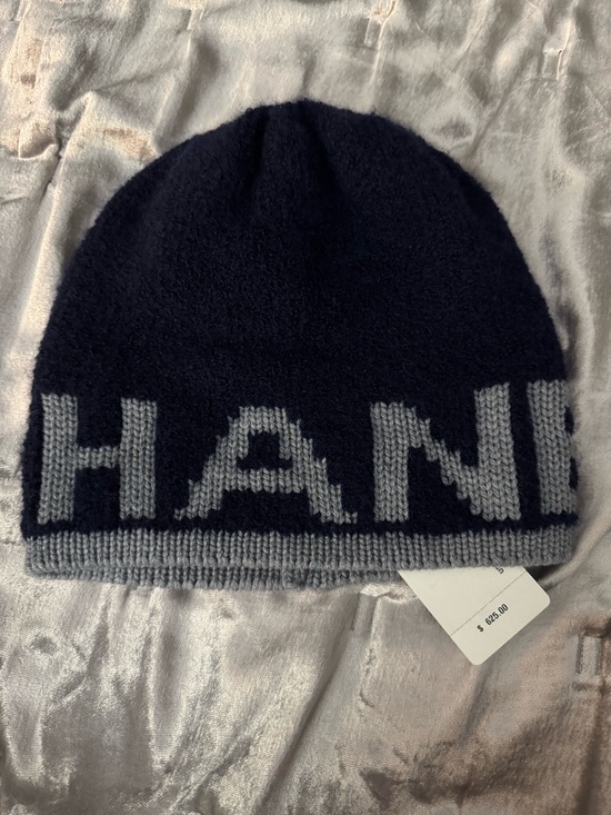 CHANEL Navy and Light Gray Knit Logo Beanie main image 6